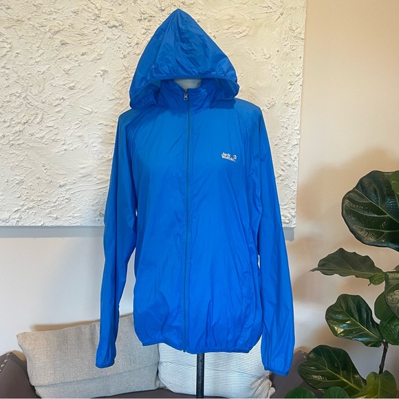 JACK WOLFSKIN Womens Hooded Windbreaker Jacket Blue Nylon Lightweight Sz XXXL - Picture 1 of 8